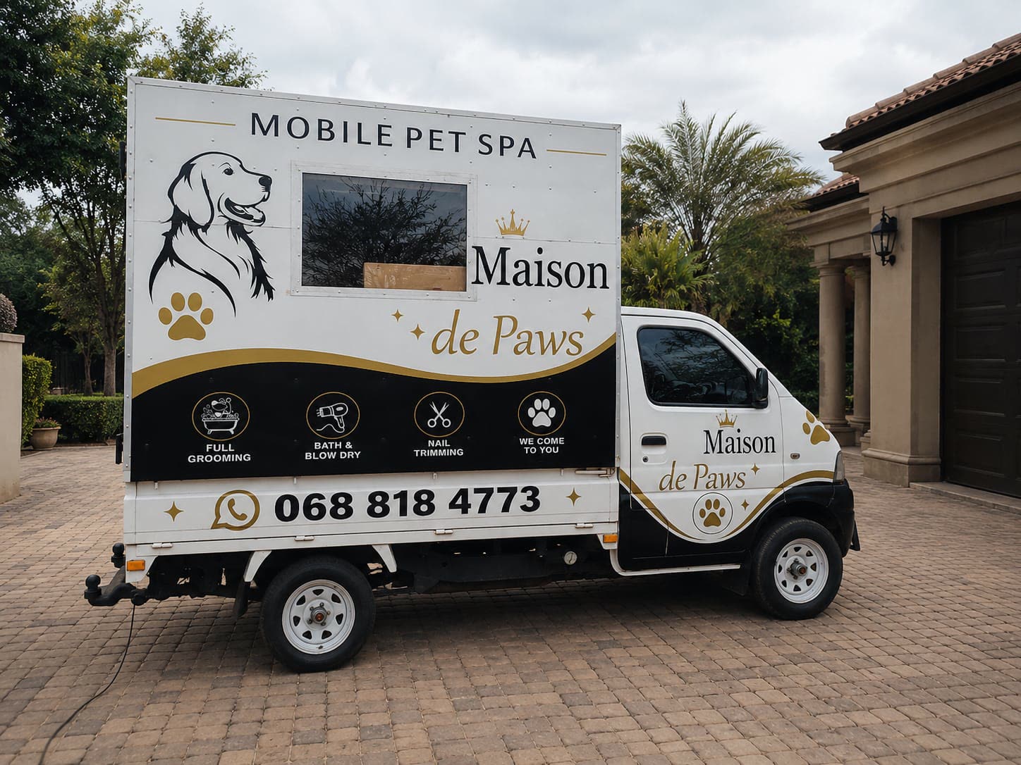 Maison De Paws mobile pet spa van parked in a client's driveway, showing full branding and contact number