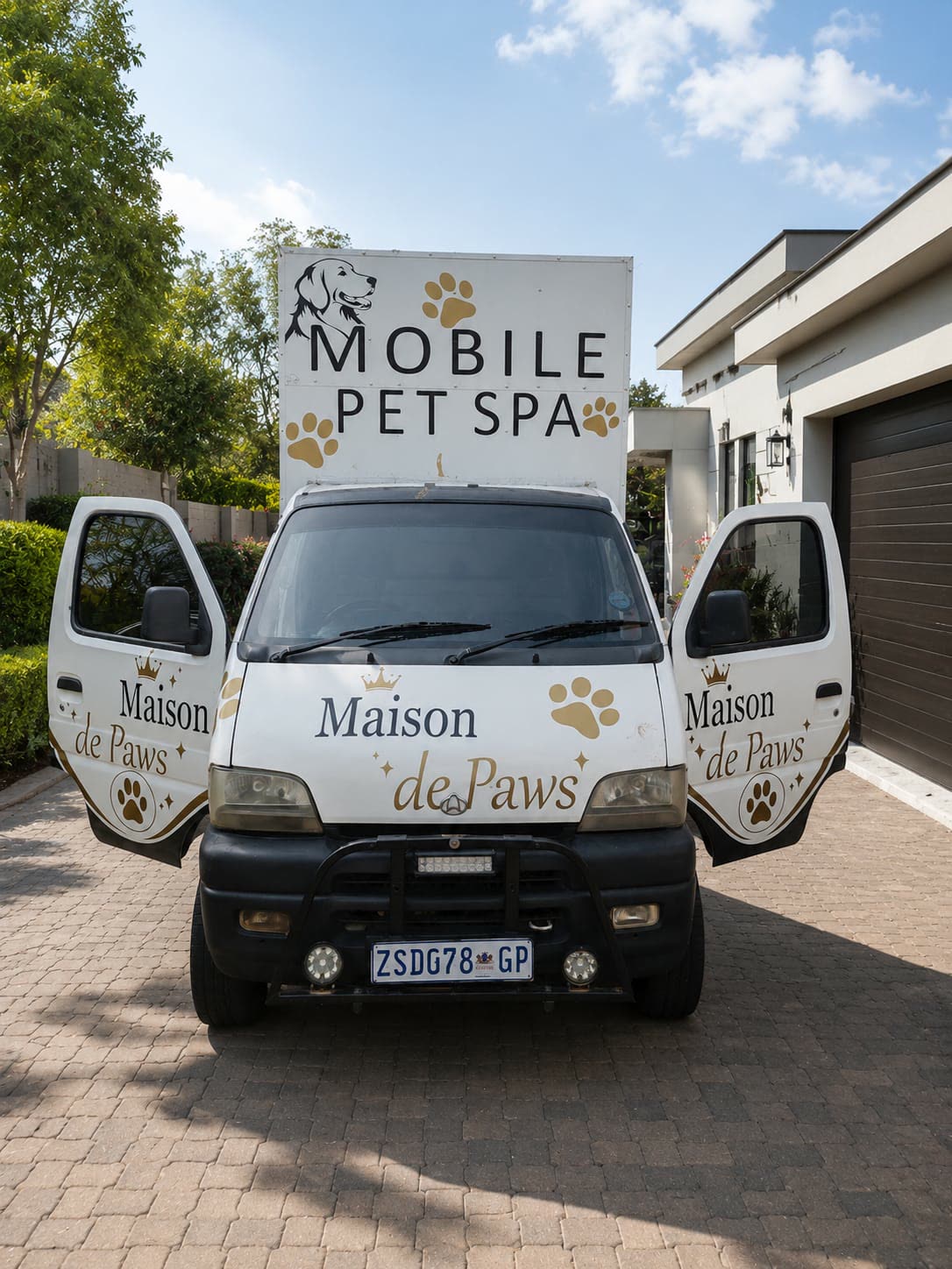 Front view of the Maison De Paws mobile grooming van